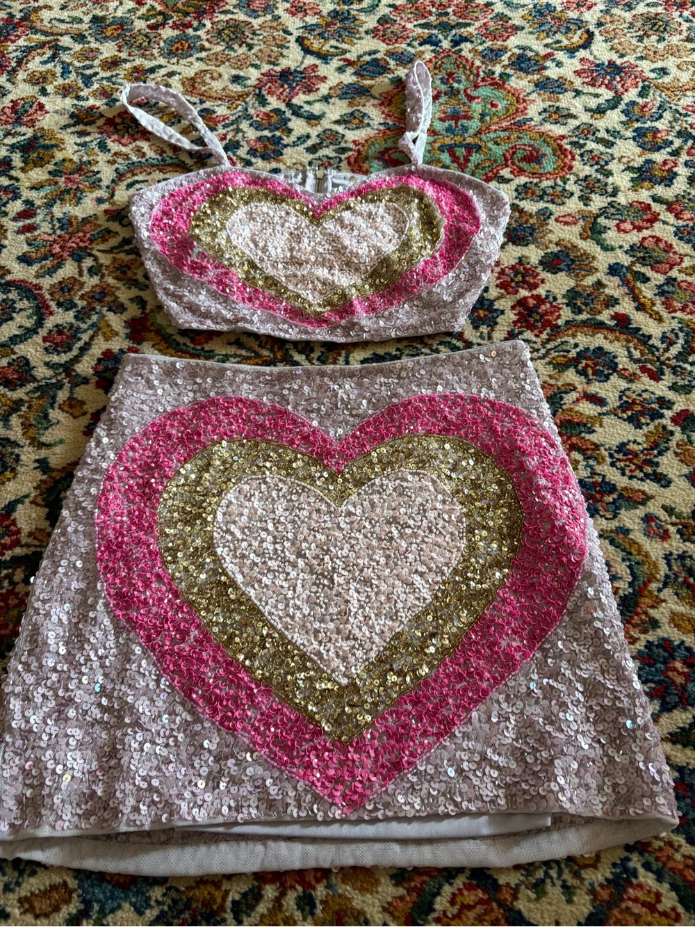 Lace & Beads Heart Two-Piece Sequin Dress – Pink, Silver, & Gold. Size 8.